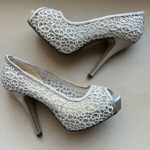 Lady Couture Ivy Peep Toe Silver Lace Mesh Stiletto Heels NIB Women’s EU 38 US 7